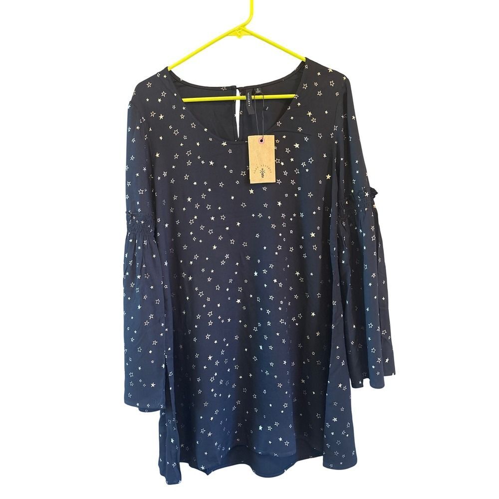 Two Sisters Black Metallic Gold Silver Star Shift Dress Size 5 Long Sleeve NWT